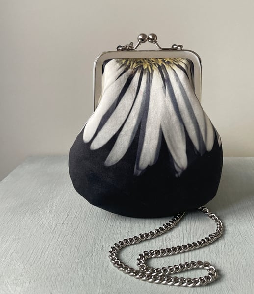 Image of White flower, crossbody velvet bag with chain handle - fits phone