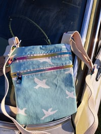 Image 2 of Flying White Bird on Blue Canvas Two Zip Crossbody Bag with Choice of Zippers 