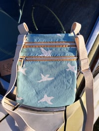 Image 1 of Flying White Bird on Blue Canvas Two Zip Crossbody Bag with Choice of Zippers 