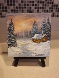 Image 1 of "Winter Sunset Cabin" Miniature Painting