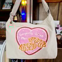 Image 1 of Kawaii Dessert Valentine Heart Illustration Canvas Messenger Tote Bag "Guyuria Love Me?"