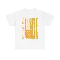 Image 1 of Highlanders Distressed Flag T‑Shirt — Vertical Orange American Flag Design