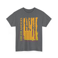 Image 4 of Highlanders Distressed Flag T‑Shirt — Vertical Orange American Flag Design