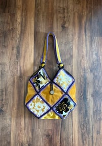 Image 1 of Artisan Crochet Vintage Fabric Patchwork Tapestry Purse Mustard with Purple