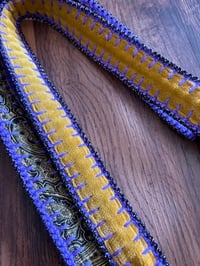 Image 3 of Artisan Crochet Vintage Fabric Patchwork Tapestry Purse Mustard with Purple