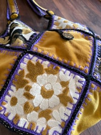 Image 4 of Artisan Crochet Vintage Fabric Patchwork Tapestry Purse Mustard with Purple
