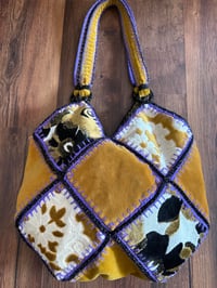 Image 6 of Artisan Crochet Vintage Fabric Patchwork Tapestry Purse Mustard with Purple