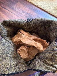 Image 7 of Artisan Crochet Vintage Fabric Patchwork Tapestry Purse Mustard with Purple