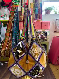 Image 10 of Artisan Crochet Vintage Fabric Patchwork Tapestry Purse Mustard with Purple