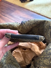 Image 9 of Artisan Crochet Vintage Fabric Patchwork Tapestry Purse Mustard with Purple