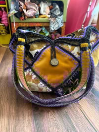 Image 11 of Artisan Crochet Vintage Fabric Patchwork Tapestry Purse Mustard with Purple