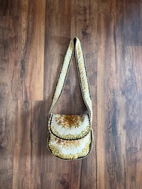 Image 1 of Artisan Crochet Vintage Fabric Floral Tapestry Purse 