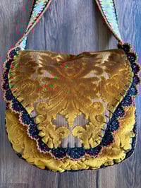 Image 3 of Artisan Crochet Vintage Fabric Gold Damask Tapestry Purse 