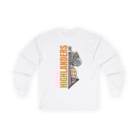 Image 1 of Highlanders Mascot Long Sleeve Tee — Vertical Text Sports Shirt-d8598537