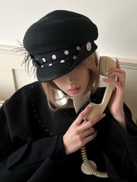 Image 1 of Black Polka Dot Floral Straw Hat