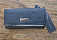 Image 2 of Tommy Hilfiger Women's Faux Leather Logo Debossed Checkbook Wallet Clutch Bag in Dark Blue. 