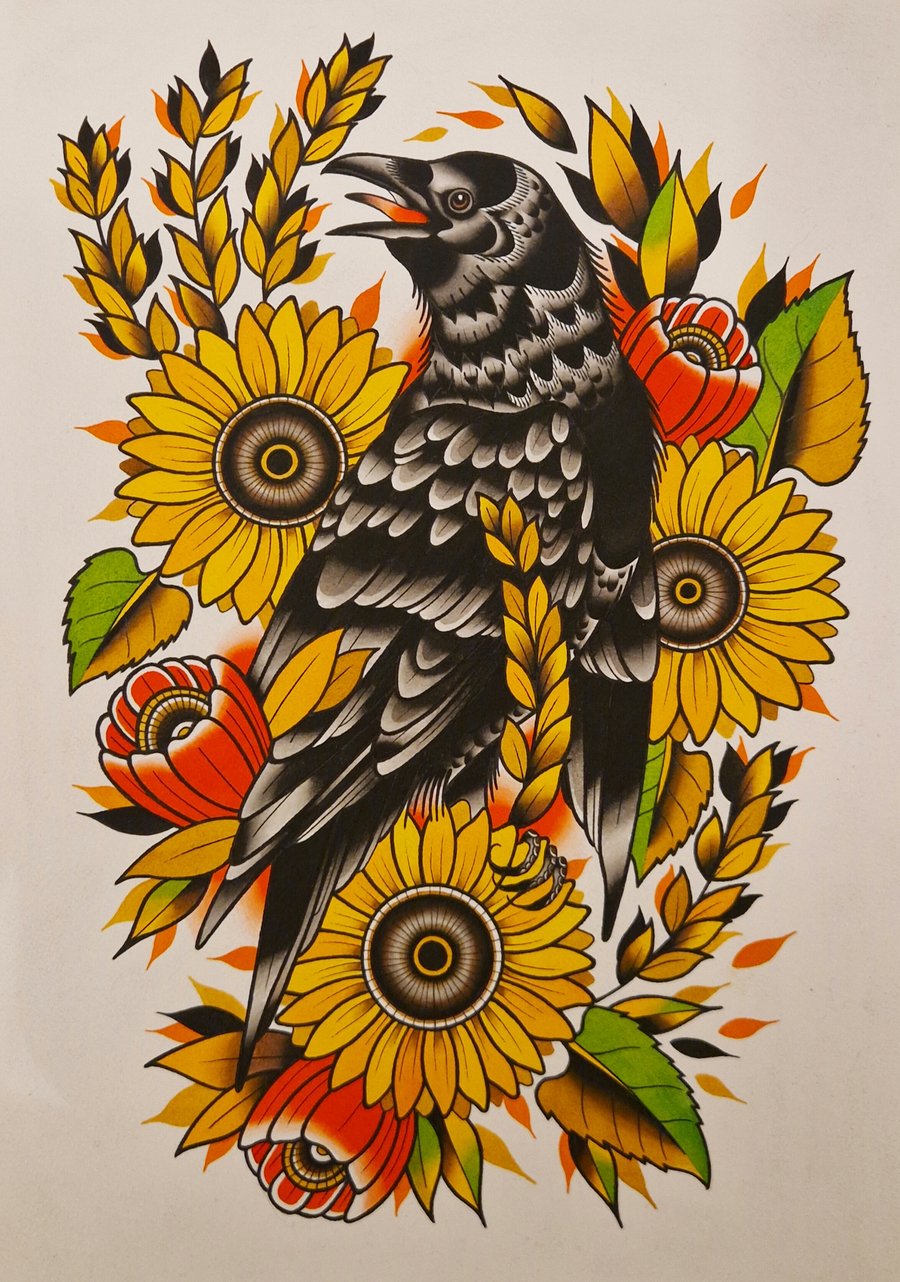 Image of Raven and sunflowers print (A3)