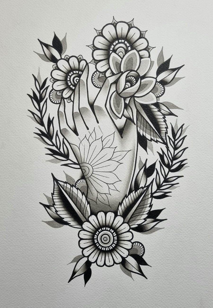Image of Black and grey hand and flowers print (A4)