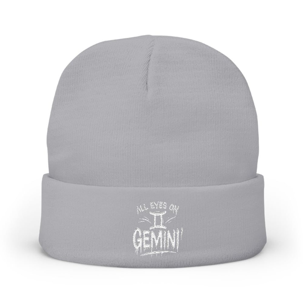 Image of Unisex Gemini Embroidered 'All Eyes on Me' Knit Beanie — Cozy Winter Hat