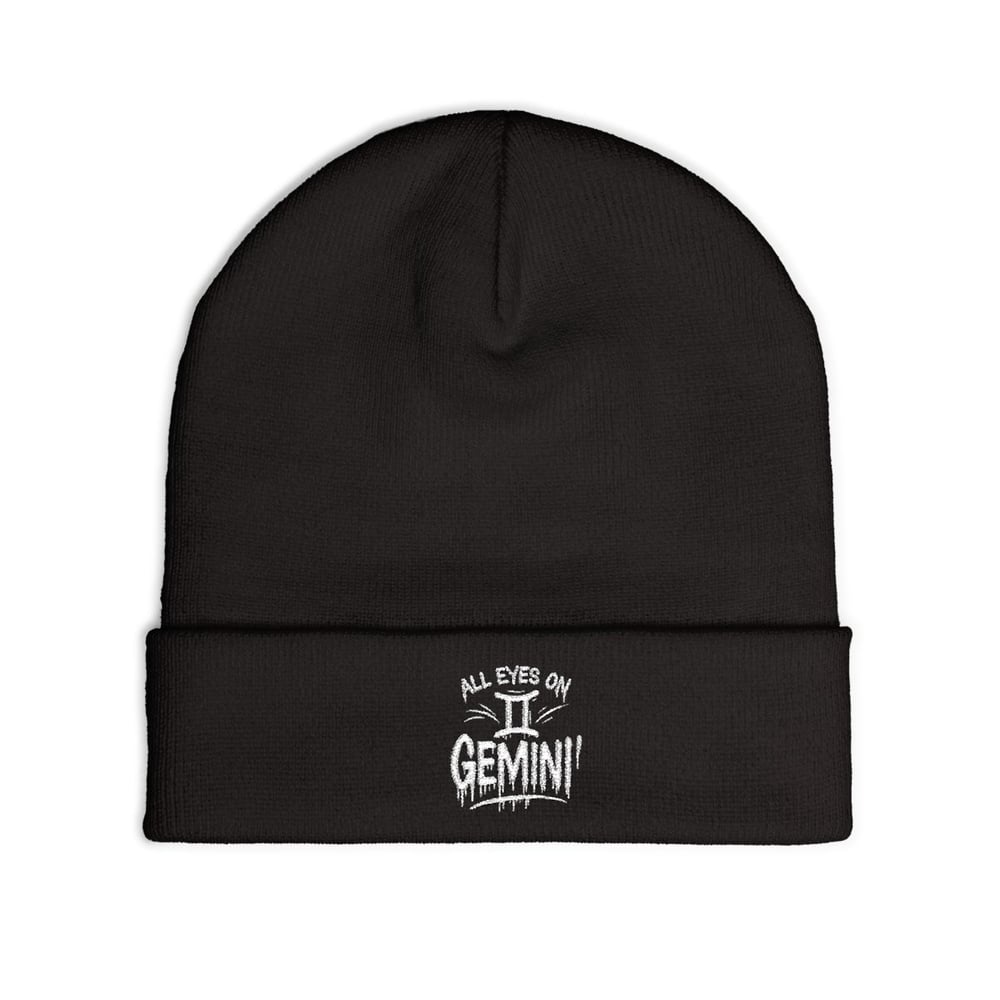 Image of Unisex Gemini Embroidered 'All Eyes on Me' Knit Beanie — Cozy Winter Hat