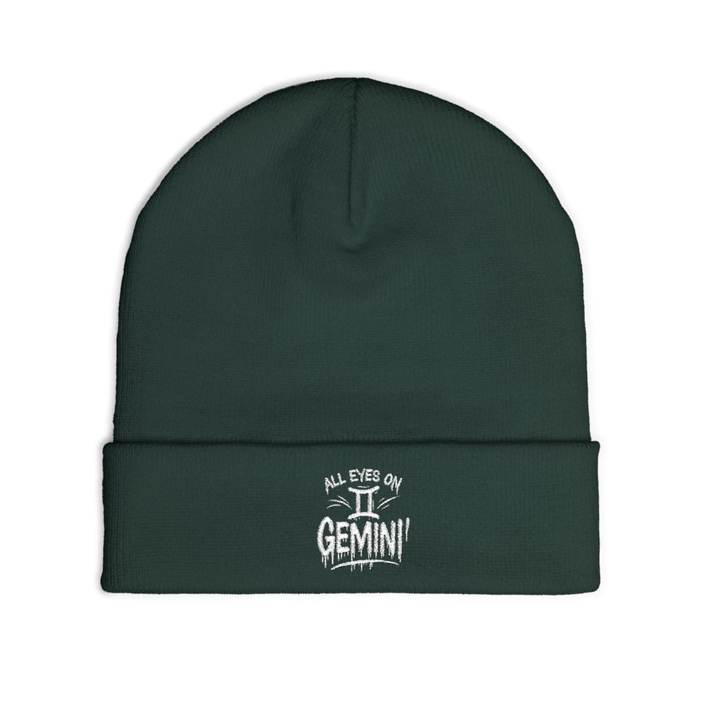Image of Unisex Gemini Embroidered 'All Eyes on Me' Knit Beanie — Cozy Winter Hat
