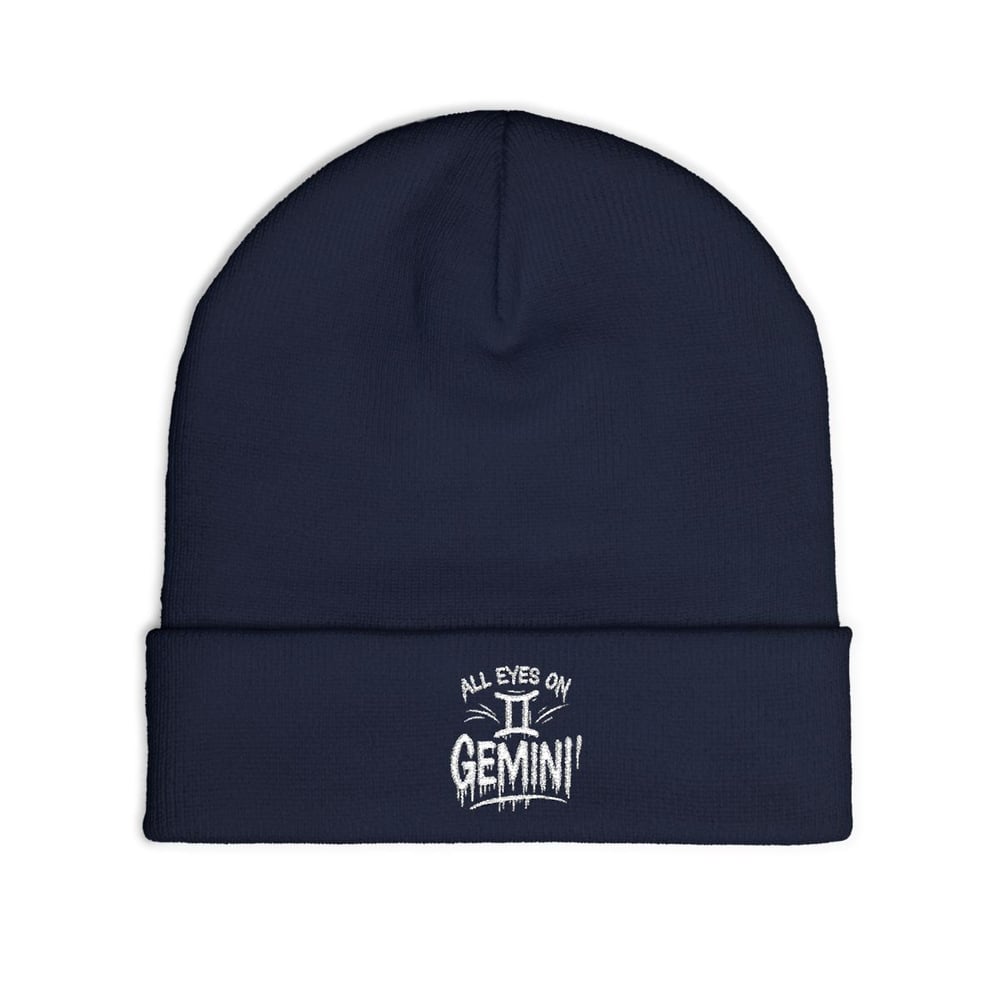 Image of Unisex Gemini Embroidered 'All Eyes on Me' Knit Beanie — Cozy Winter Hat