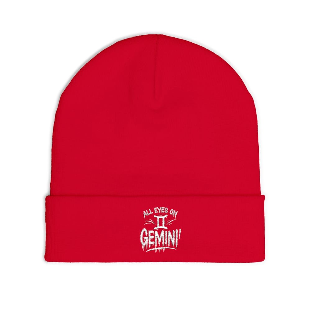Image of Unisex Gemini Embroidered 'All Eyes on Me' Knit Beanie — Cozy Winter Hat