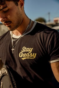 Image 4 of Stay Greasy Black/White Tee - Gold Logo