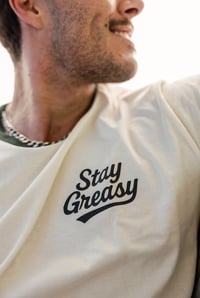 Image 3 of Stay Greasy Cream/Forest Green Tee - Black Logo