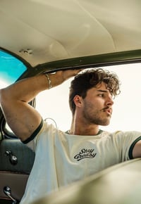 Image 4 of Stay Greasy Cream/Forest Green Tee - Black Logo