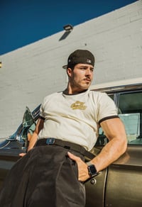 Image 4 of Stay Greasy Cream/Black Tee - Gold Logo