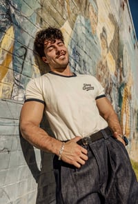 Image 3 of Stay Greasy Cream/Midnight Navy Tee - Black Logo