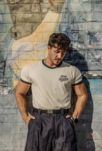 Image 4 of Stay Greasy Cream/Midnight Navy Tee - Black Logo