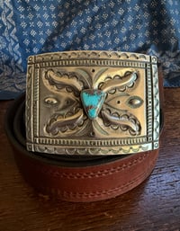 Image 1 of WL&A Handmade Large Ingot Repoussé Ketoh Buckle - Bisbee Turquoise - Size 3.75" x 2.75" - 136 Grams