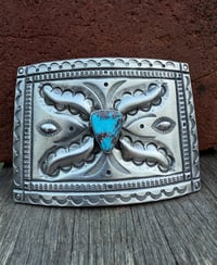 Image 3 of WL&A Handmade Large Ingot Repoussé Ketoh Buckle - Bisbee Turquoise - Size 3.75" x 2.75" - 136 Grams