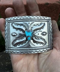 Image 4 of WL&A Handmade Large Ingot Repoussé Ketoh Buckle - Bisbee Turquoise - Size 3.75" x 2.75" - 136 Grams