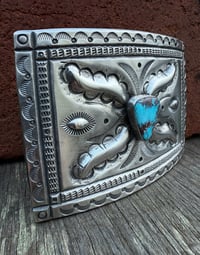 Image 6 of WL&A Handmade Large Ingot Repoussé Ketoh Buckle - Bisbee Turquoise - Size 3.75" x 2.75" - 136 Grams