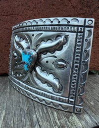 Image 7 of WL&A Handmade Large Ingot Repoussé Ketoh Buckle - Bisbee Turquoise - Size 3.75" x 2.75" - 136 Grams