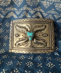 Image 2 of WL&A Handmade Large Ingot Repoussé Ketoh Buckle - Bisbee Turquoise - Size 3.75" x 2.75" - 136 Grams