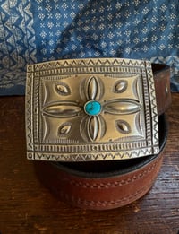 Image 1 of WL&A Handmade Ingot Repoussé Crossroads Buckle - Bisbee Turquoise - Size 3.75" x 2.75" - 135 Grams