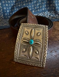 Image 2 of WL&A Handmade Ingot Repoussé Crossroads Buckle - Bisbee Turquoise - Size 3.75" x 2.75" - 135 Grams