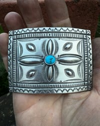 Image 6 of WL&A Handmade Ingot Repoussé Crossroads Buckle - Bisbee Turquoise - Size 3.75" x 2.75" - 135 Grams