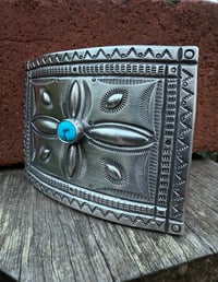 Image 5 of WL&A Handmade Ingot Repoussé Crossroads Buckle - Bisbee Turquoise - Size 3.75" x 2.75" - 135 Grams