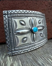 Image 4 of WL&A Handmade Ingot Repoussé Crossroads Buckle - Bisbee Turquoise - Size 3.75" x 2.75" - 135 Grams