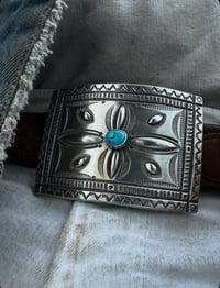 Image 7 of WL&A Handmade Ingot Repoussé Crossroads Buckle - Bisbee Turquoise - Size 3.75" x 2.75" - 135 Grams