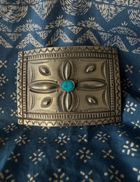 Image 8 of WL&A Handmade Ingot Repoussé Crossroads Buckle - Bisbee Turquoise - Size 3.75" x 2.75" - 135 Grams