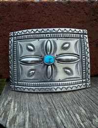 Image 3 of WL&A Handmade Ingot Repoussé Crossroads Buckle - Bisbee Turquoise - Size 3.75" x 2.75" - 135 Grams