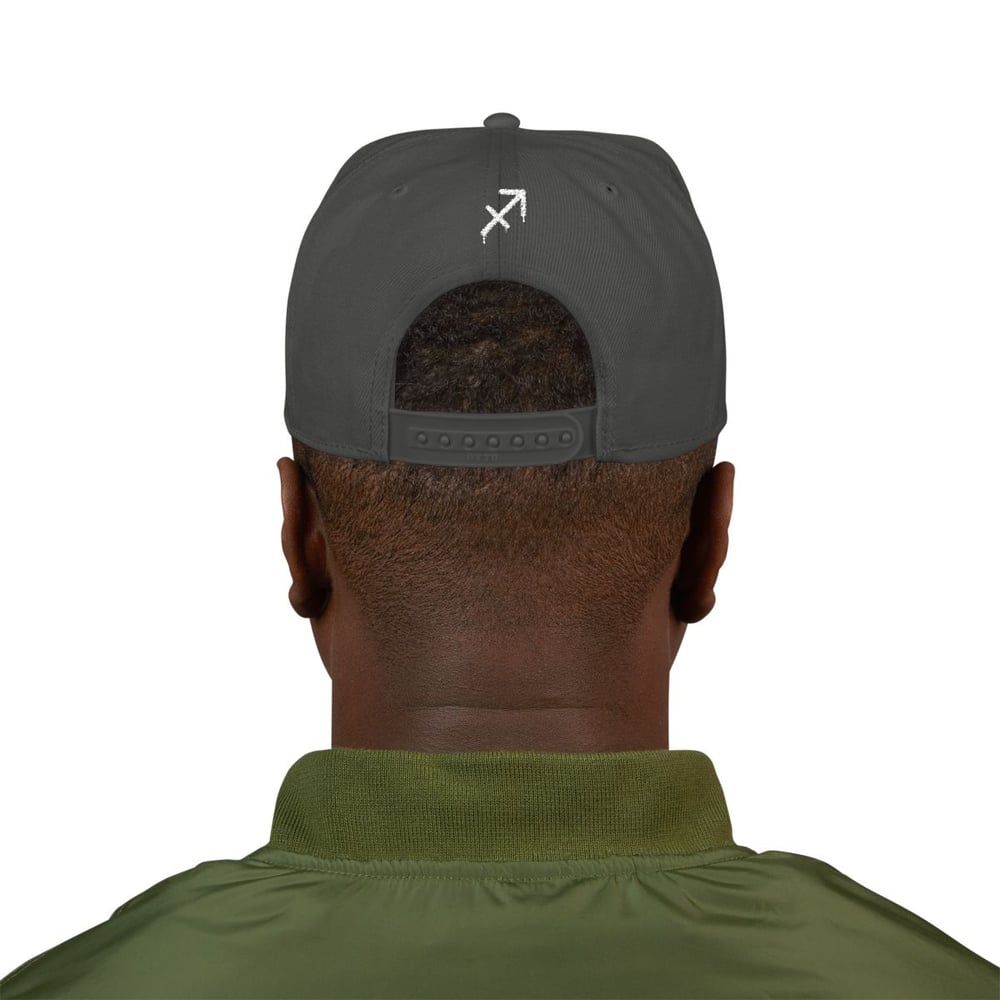Image of Unisex Sagittarius Embroidered Snapback Hat — White Grunge 'Signs' Logo, Adjustable Flat-Brim Cap
