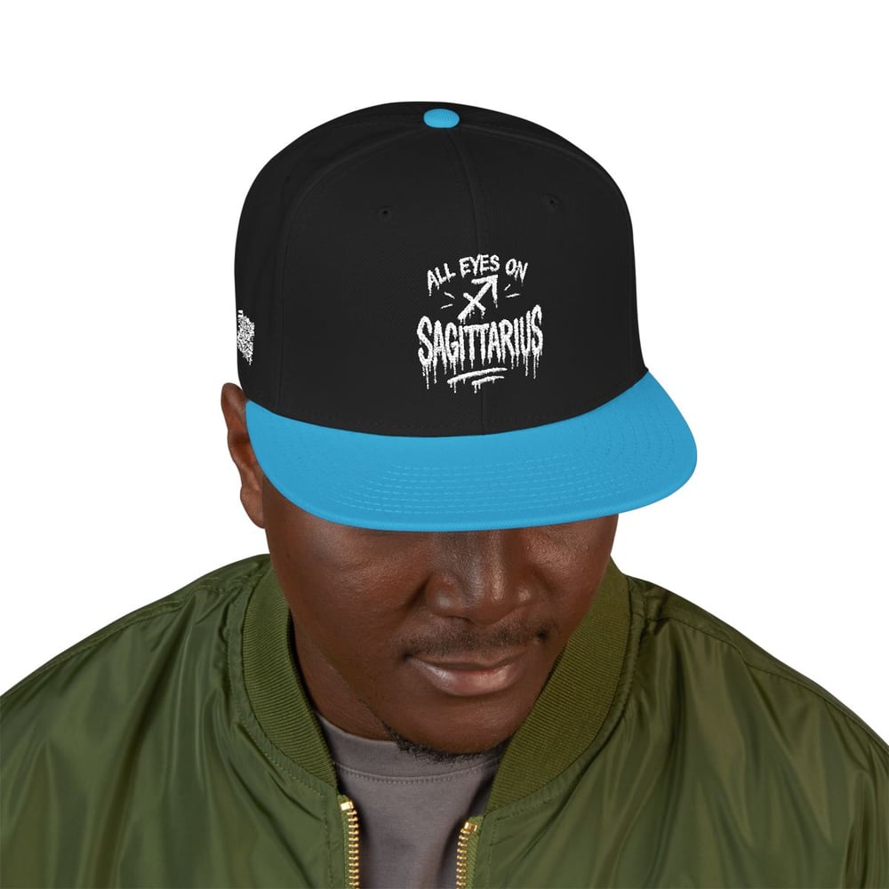 Image of Unisex Sagittarius Embroidered Snapback Hat — White Grunge 'Signs' Logo, Adjustable Flat-Brim Cap