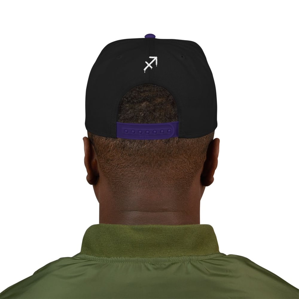 Image of Unisex Sagittarius Embroidered Snapback Hat — White Grunge 'Signs' Logo, Adjustable Flat-Brim Cap